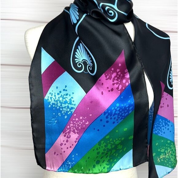 Rush Limbaugh Vintage Silk Black with Blue Pink Green Hand Rolled Scarf - Picture 3 of 13
